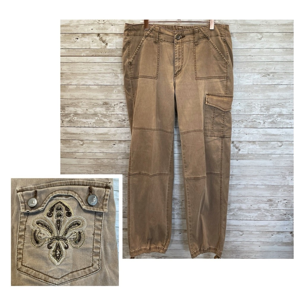 Y2K d.jeans‎ Womens 10 Cargo Pants Brown Embellished Pockets Ankle Cinch Tie